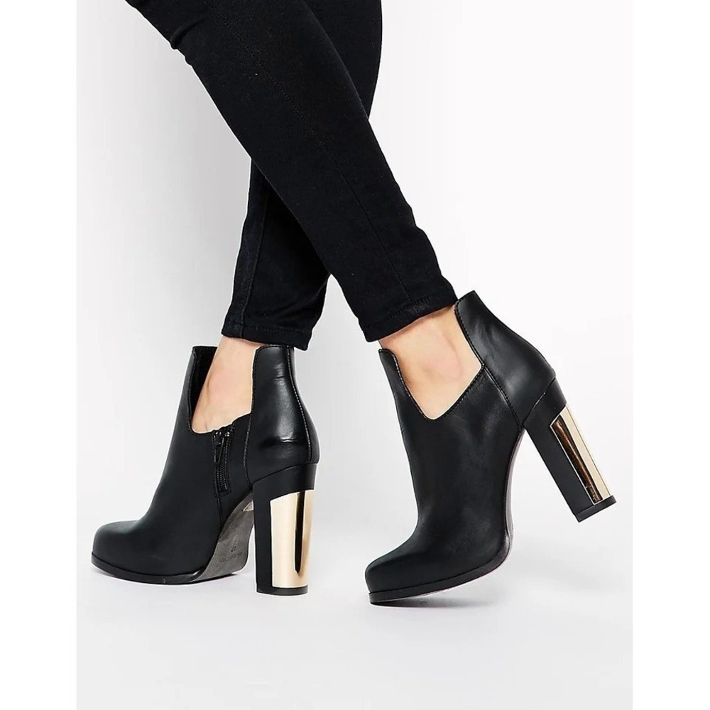 Miista Women's Ciara Open Black Leather Ankle Boots With Gold Heel Size 6.5